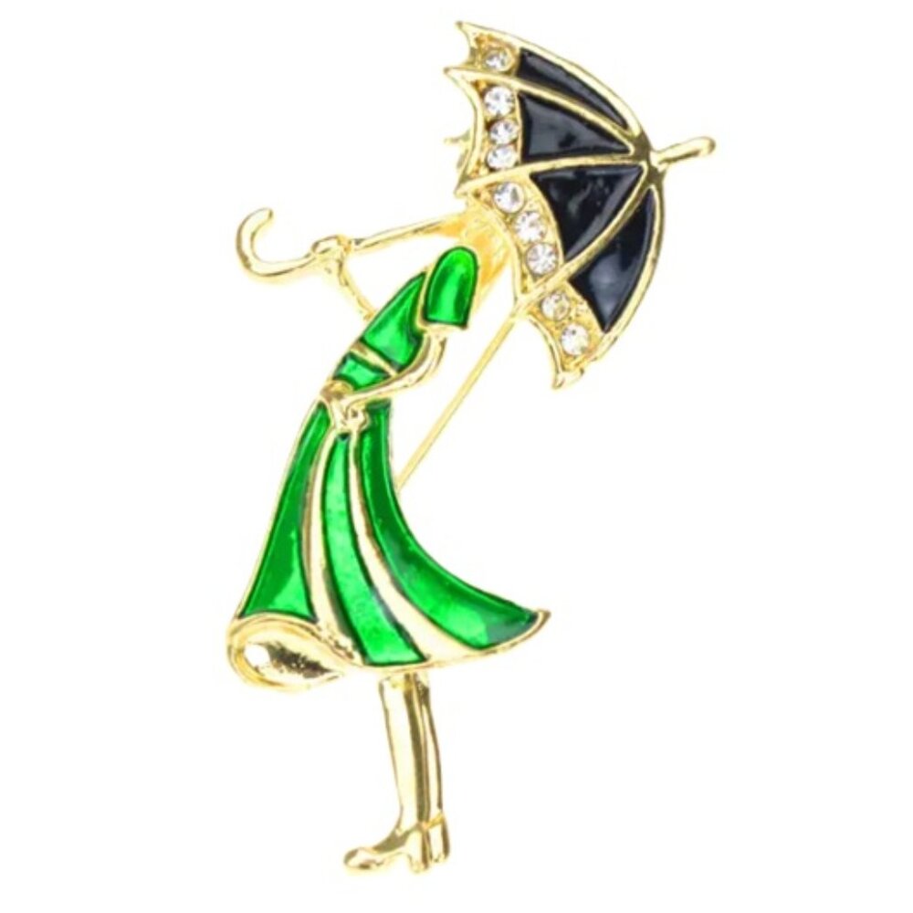 18k Gold-Plated Umbrella Lady in Green Dress Brooch